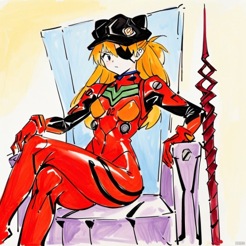  colored_pencil_drawing,masterpiece, best quality, 1girl, souryuu asuka langley, neon genesis evangelion, rebuild of evangelion, lance of longinus, cat hat, plugsuit, pilot suit, red bodysuit, sitting, crossed legs, black eye patch, throne, looking down, from bottom, looking at viewer, outdoors, masterpiece, best quality, very aesthetic, absurdres, colored-pencil-style