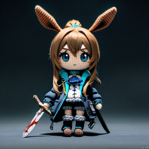 amigurumi-style, amigurumi, full_body,(masterpiece),(best quality),1girl, animal ears, amiya (arknights), solo, blue eyes, rabbit ears, long hair, holding, looking at viewer, blood, weapon, blue ascot, holding weapon, brown hair, ascot, hair between eyes, sword, holding sword, jacket, blood on face, closed mouth, open clothes, sidelocks, open jacket, jewelry, shirt, neck ring, white shirt, black jacket, ponytail, glowing,