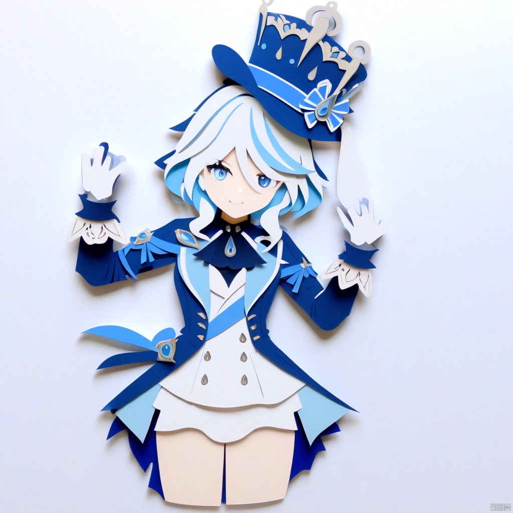  paper-cut,1girl,full body,solo, blue_headwear, looking_at_viewer, white_background, open_mouth, blush, simple_background, tears, hands_on_hips, long_sleeves, blue_jacket, tearing_up, white_gloves, top_hat, ascot, short_hair, white_shirt, flying_sweatdrops, brooch, black_gloves, paper-cut