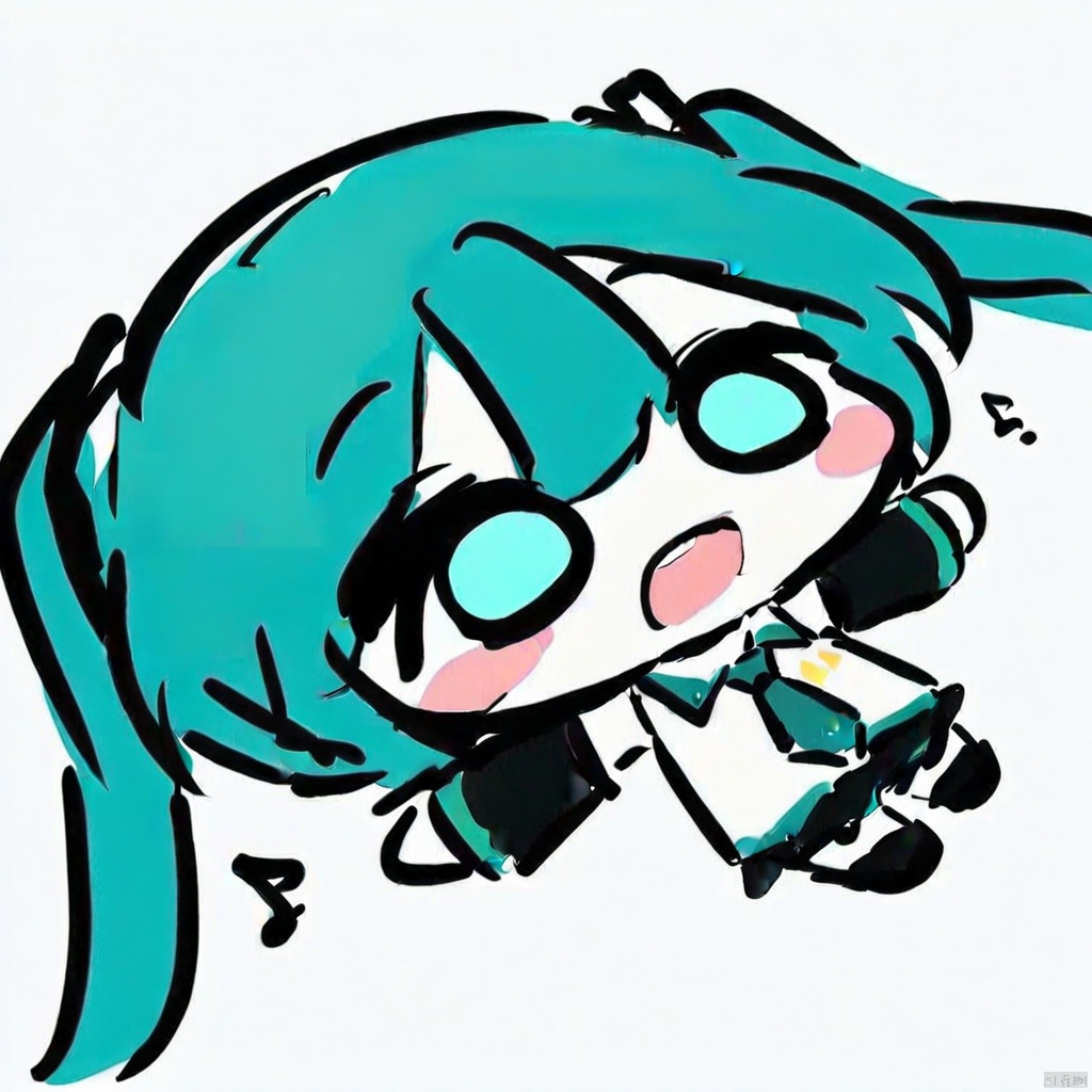  lying-on-back, chibi,(masterpiece),(best quality),1girl, hatsune miku, twintails, necktie, solo, skirt, shirt, aqua hair, black skirt, aqua eyes, detached sleeves, long hair, sleeveless, white shirt, open mouth, white background, aqua necktie, black sleeves, sleeveless shirt, outstretched arms, very long hair, blush stickers, pleated skirt, hair ornament, miniskirt, bare shoulders, musical note,full_body, flat-color-style