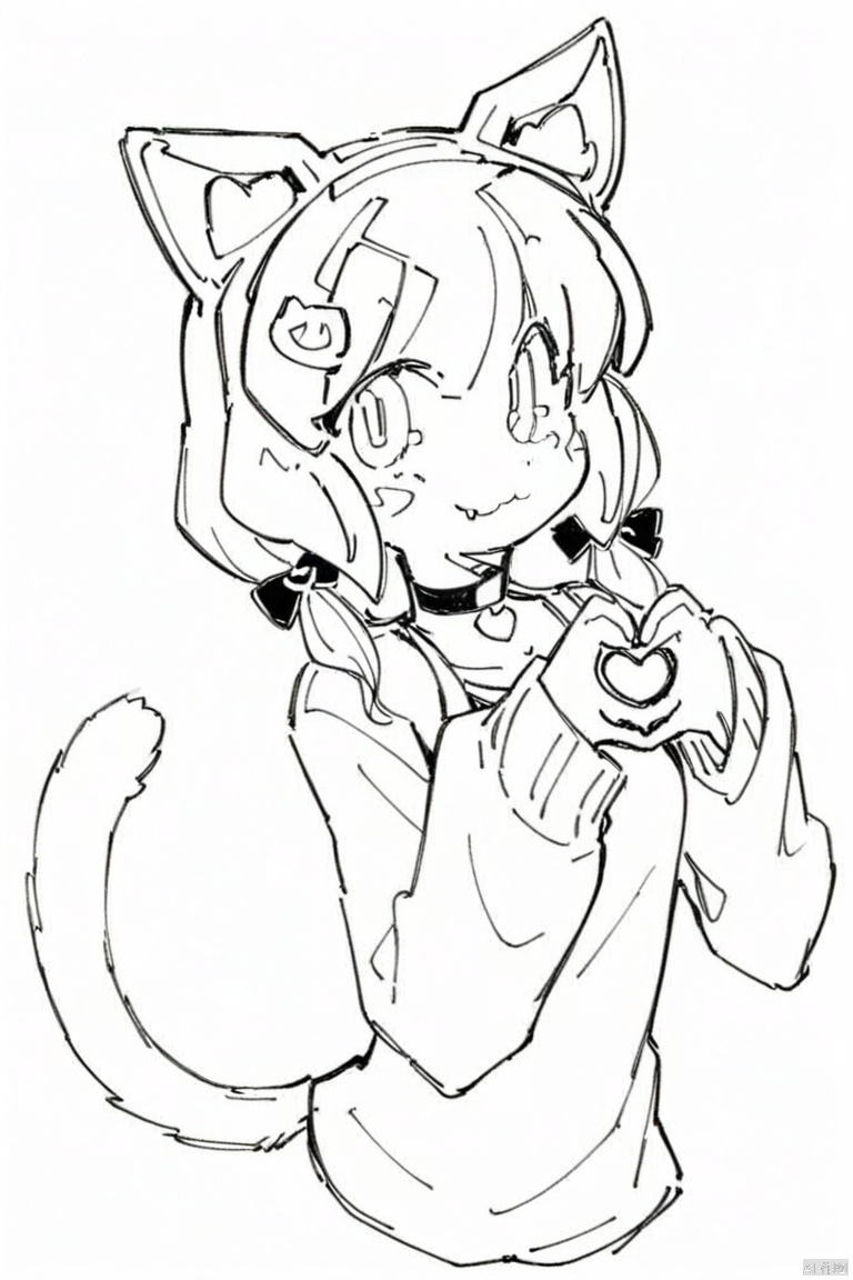 (line-drawing-style),(masterpiece,best quality),monochrome, greyscale,solo, 1girl, animal_ears, heart, solo, cat_ears, grey_hair, tail, cat_tail, hair_ornament, blue_eyes, twintails, heart_hands, looking_at_viewer, cat_girl, shirt, bangs, choker, long_sleeves, :3, black_choker, closed_mouth, smile, white_shirt, hairclip, bow, fang, sleeves_past_wrists, long_hair, upper_body, low_twintails, tail_raised, hair_bow, striped<, ears down,source_furry