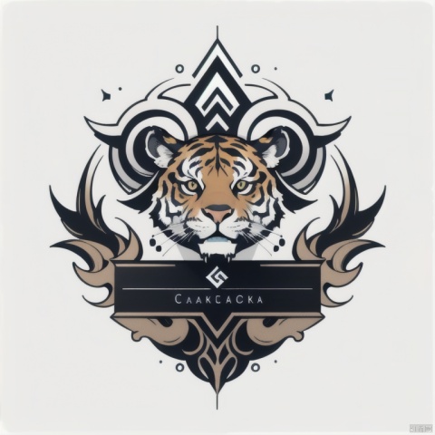  graphic, logo, tiger, white background, simple background, looking at viewer, monochrome,english text,text,