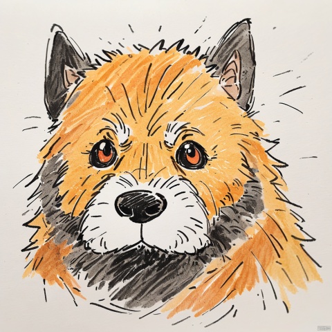  colored_pencil_drawing, masterpiece, best quality, Hand-drawn sketch, animal illustration, dog, wire-haired terrier, black and tan fur, pencil crayon texture, expressive eyes, canine portrait, sketchy lines, headshot of dog, visible fur details, art, mixed media, white background, amateur artwork.