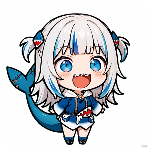 smile, :d, chibi,full_body,(masterpiece),(best quality),1girl, gawr gura, virtual youtuber, tail, fish tail, shark tail, solo, blue eyes, multicolored hair, grey hair, full body, blue hair, streaked hair, bangs, hair ornament, shark hair ornament, two side up, white background, hood, blunt bangs, shark girl, hoodie, simple background, blue hoodie