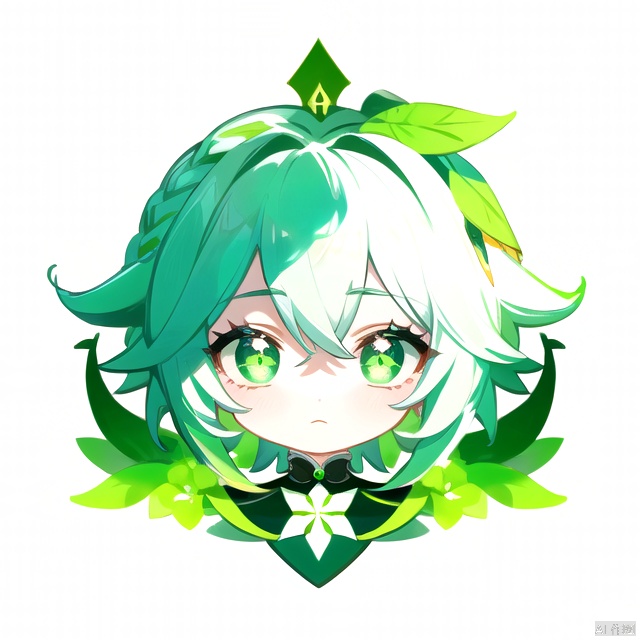 (logo),(beautiful detailed eyes), green_eyes,+_+,white_and_green_hair,
white_background,nahida (genshin impact),