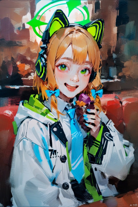 oil_painting, oil-painting-style,(masterpiece, best quality),
1girl, midori \(blue archive\), blue archive, aiamu iamu, holding food, holding, hooded jacket, food, sidelocks, :d, collared shirt, blurry, long sleeves, puffy sleeves, headphones, blue bow, hand up, necktie, upper body, halo, looking at viewer, jacket, sleeves past wrists, blush, nail polish, blue necktie, animal ear headphones, blurry background, blonde hair, shirt, green eyes, hood down, open clothes, depth of field, hood, smile, white jacket, fake animal ears, bow, puffy long sleeves, open jacket, solo, dress shirt, animal ears, white shirt, blue nails, hair bow, long hair, drawstring, sweet potato,