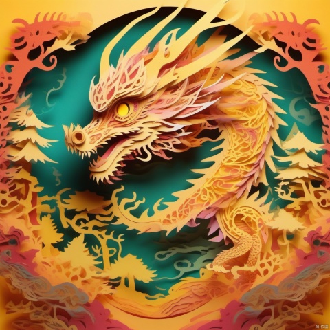 paper-cut of a dragon with burning eyes in an vibrant colored enchanted wonderland, magical, whimsical, fantasy art concept, steampunk, intricate details, best quality, masterpiece, ultra sharp, yellow theme background, 