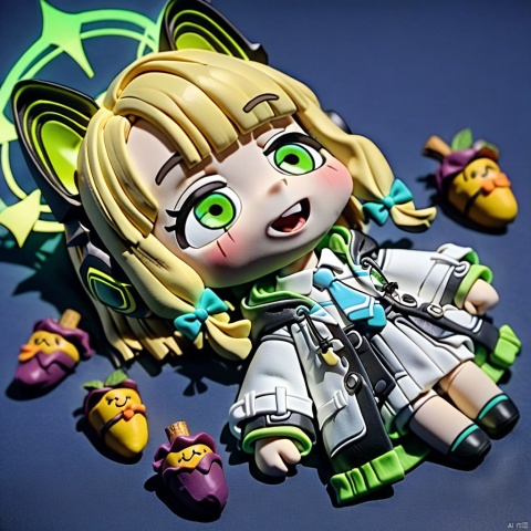  claymation-style,lying-on-back, chibi, full body, 1girl, (masterpiece),(best quality),1girl,midori \(blue archive\),blue archive,aiamu iamu,holding food,holding,hooded jacket,food,sidelocks,:d,collared shirt,blurry,long sleeves,puffy sleeves,headphones,blue bow,hand up,necktie, halo,looking at viewer,jacket,sleeves past wrists,blush,nail polish,blue necktie,animal ear headphones,blurry background,blonde hair,shirt,green eyes,hood down,open clothes,depth of field,hood,smile,white jacket,fake animal ears,bow,puffy long sleeves,open jacket,solo,dress shirt,animal ears,white shirt,blue nails,hair bow,long hair,drawstring,sweet potato,