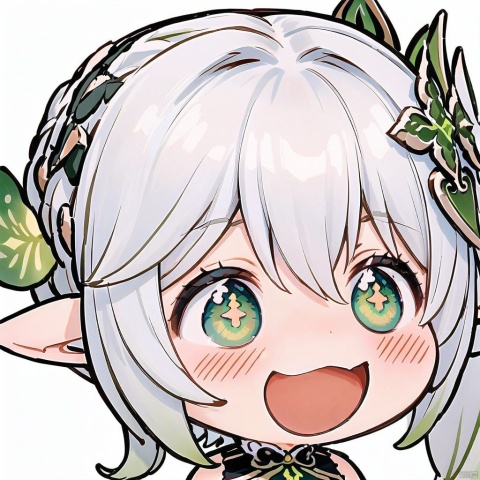 smile, :d, chibi, nahida \(genshin impact\), 1girl, solo, green eyes, pointy ears, multicolored hair, hair ornament, white hair, open mouth, white background, simple background, side ponytail, symbol-shaped pupils, blush, bangs, green hair, gradient hair, long hair, cross-shaped pupils, hair between eyes, female child