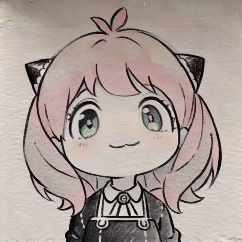 traditional media,monochrome,greyscale,big-head, chibi,portrait,:3,(masterpiece),(best quality),Anya Forger, 1girl, anya \(spy x family\), solo, female child, pink hair, green eyes, school uniform, eden academy school uniform, smile, dress, sitting, looking at viewer, open mouth, black footwear, black dress, child, shirt, :d, long sleeves, full body, shoes, medium hair, bangs, ahoge, white pantyhose, collared shirt