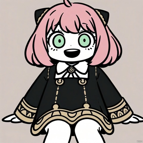  chibi,flat-color-style,(masterpiece),(best quality), Anya Forger, 1girl, anya \(spy x family\), solo, female child, pink hair, green eyes, school uniform, eden academy school uniform, smile, dress, sitting, looking at viewer, open mouth, black footwear, black dress, child, shirt, :d, long sleeves, full body, shoes, medium hair, bangs, ahoge, white pantyhose, collared shirt
