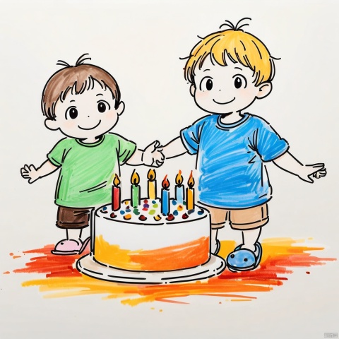  colored_pencil_drawing,masterpiece, best quality,smile, candle, shorts, blue hair, shirt, brown shorts, short hair, short sleeves, closed mouth, sandals, child, multiple boys, 2boys, male focus, siblings, t-shirt, standing, simple background, food, fire, slippers, colored skin, white background, brothers, birthday cake, 1boy, grey background, black eyes, antenna hair, :>, colored-pencil-style