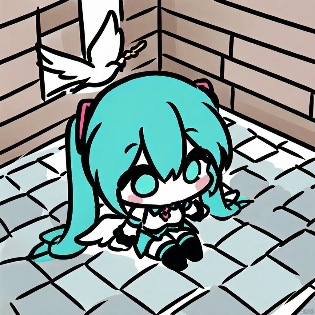  chibi,flat-color-style,(masterpiece),(best quality),1girl, angel_wings, aqua_eyes, aqua_hair, bird, brick, brick_floor, brick_wall, building, chain-link_fence, city, detached_sleeves, dove, feathered_wings, feathers, floor, from_above, hatsune_miku, hexagon, honeycomb_\(pattern\), honeycomb_background, long_hair, pavement, reflective_floor, rooftop, sitting, skirt, solo, stone_floor, thighhighs, tile_floor, tile_wall, tiles, twintails, very_long_hair, white_wings, wings