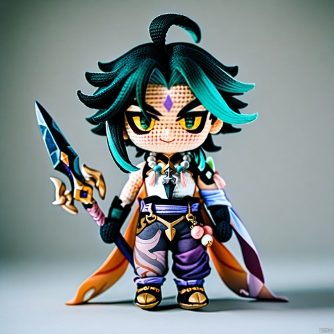  amigurumi-style, amigurumi,full_body,(masterpiece),(best quality),1boy, solo, xiao \(genshin impact\), weapon, male focus, necklace, polearm, white background, jewelry, holding weapon, simple background, holding, smile, multicolored hair, bead necklace, green hair, full body, gloves, holding polearm, spear, asymmetrical clothes, tattoo, beads, ahoge, standing, closed mouth, bangs, detached sleeves, looking at viewer, facial mark, arm guards