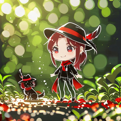  1girl, solo,red hair, black hat, hat feather, red scarf, black jacket, dog_tags,line-art,chibi,