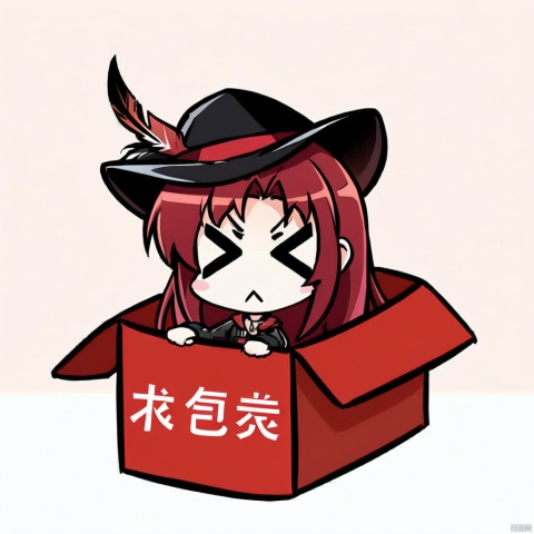  1girl, solo,red hair, black hat, hat feather, red scarf, black jacket, dog_tags,
,chibi, in-box, > <,