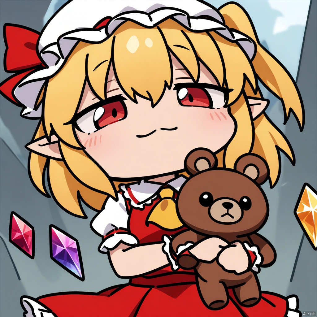 close-up, chibi, smug, (masterpiece),(best quality),1girl, flandre scarlet, touhou, hat, mob cap, solo, blonde hair, stuffed toy, red vest, wings, stuffed animal, teddy bear, red eyes, crystal, vest, white headwear, outdoor, short sleeves, one side up, holding, puffy sleeves, skirt, shirt, pointy ears, red skirt, looking at viewer, puffy short sleeves, ascot, yellow ascot, wrist cuffs, white shirt, holding stuffed toy, bow, frills, red bow, collared shirt, ribbon, frilled shirt collar, red ribbon, medium hair masterpiece, best quality, very aesthetic, absurdres