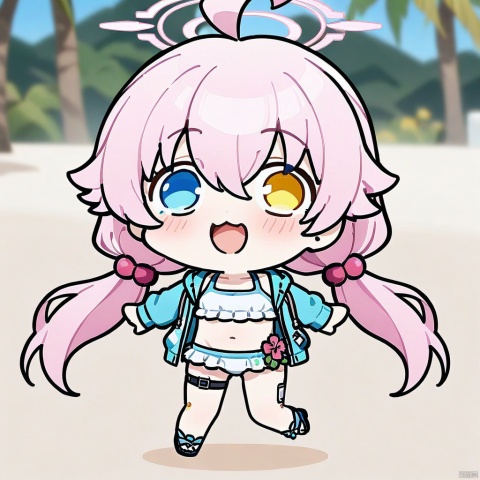 style-parody,chibi,full_body,(masterpiece),(best quality),solo, red flower, 1girl, hoshino (blue archive), flower, blue jacket, hoshino (swimsuit) (blue archive), hair ornament, white bikini, frilled bikini, heterochromia, swimsuit, twintails, long hair, ahoge, yellow eyes, bikini, navel, halo, blush, looking at viewer, jacket, frills, low twintails, blue eyes, open mouth, pink hair, collarbone, hair between eyes, hair bobbles, outdoors, long sleeves, hair flower, official alternate costume, hibiscus, open clothes, blurry