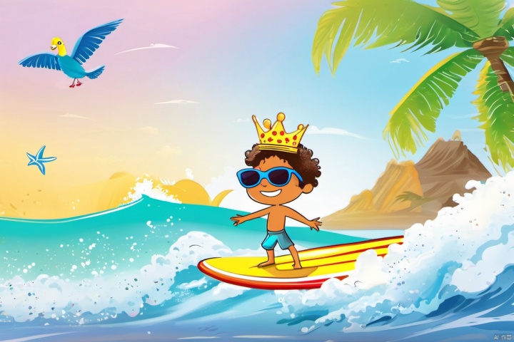 children-drawing,cartoon,
(surfing),1boy,(wearing a crown:1.2), bird, cloud, sky, sunglasses, palm, coconut, holding the coconut, smile, close eyes, colorful crown, beak, sea wave, (surfboard:1.2), 