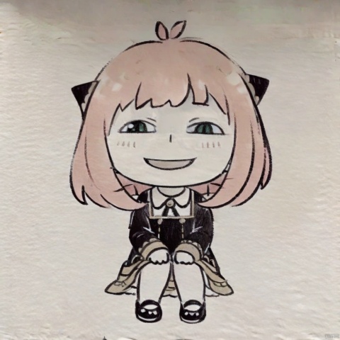 traditional media,monochrome,greyscale, anya-face,(masterpiece),(best quality),Anya Forger, 1girl, anya \(spy x family\), solo, female child, pink hair, green eyes, school uniform, eden academy school uniform, smile, dress, sitting, looking at viewer, open mouth, black footwear, black dress, child, shirt, :d, long sleeves, full body, shoes, medium hair, bangs, ahoge, white pantyhose, collared shirt