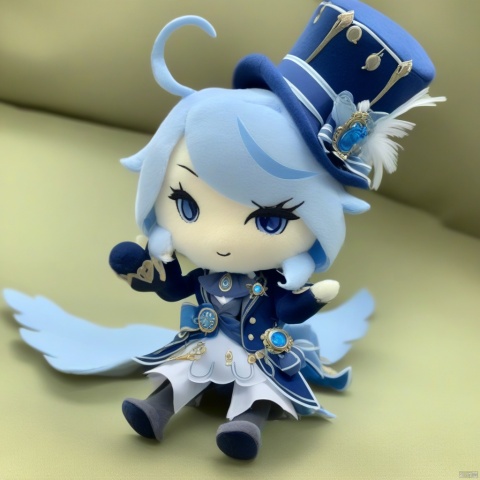  stuffed toy,furina,1girl,solo, blue headwear, looking at viewer, full body, long sleeves, blue jacket, tearing up, white gloves, top hat, ascot, short hair, white shirt, flying sweatdrops, brooch, black gloves,