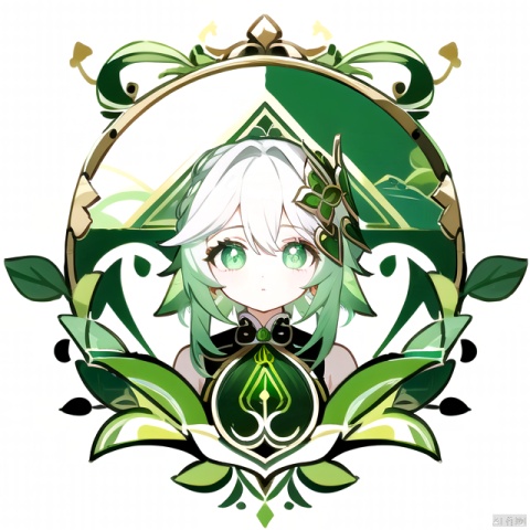 (logo,graphic),(beautiful detailed eyes), green_eyes,+_+,white_and_green_hair,
white_background,nahida (genshin impact),