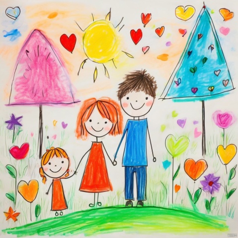 children-drawing, colorful, whimsical drawing, family, two adults, three children, standing together, grass, umbrella, shade, sun, unique appearance, distinct features, hair colors, clothing styles, scene, elements, trees, flowers, hearts, clock, picture, vibrant atmosphere, artist’s imagination