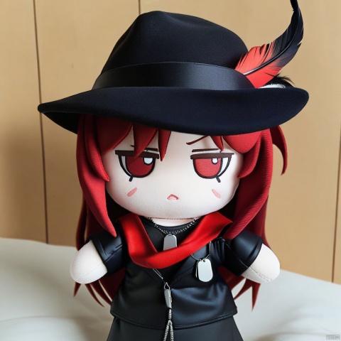  1girl, solo,red hair, black hat, hat feather, red scarf, black jacket, dog_tags,plush-doll-style,