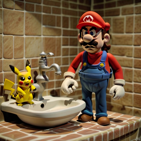 claymation-style,clay,mario,mustache,pokemon \(creature\),1boy,facial hair,hat,pikachu,overalls,gloves,male focus,brown hair,faucet,shirt,standing,red shirt,brown footwear,sink,bathroom,white gloves,