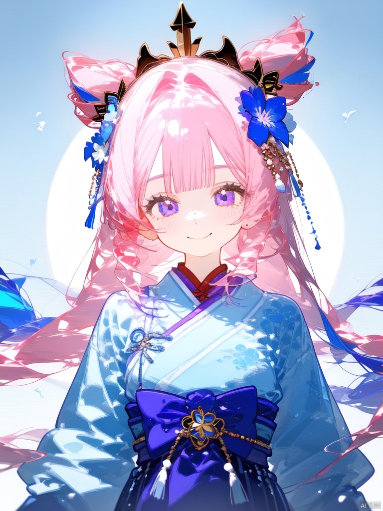 nai3 style, 1girl, solo, sangonomiya kokomi, pink hair, hair ornament, looking at viewer, smile, flower, bow-shaped hair, bangs, blue hair, multicolored hair, hair flower, closed mouth, long hair, upper body,  alternate costume, purple eyes, blunt bangs, blue eyes, kimono, japanese clothes, gradient hair, long sleeves, chinese clothes,red flower, 