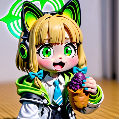 claymation-style,,chibi,drooling,food on face,:3,(masterpiece),(best quality),1girl,midori \(blue archive\),blue archive,aiamu iamu,holding food,holding,hooded jacket,food,sidelocks,:d,collared shirt,blurry,long sleeves,puffy sleeves,headphones,blue bow,hand up,necktie,halo,looking at viewer,jacket,sleeves past wrists,blush,nail polish,blue necktie,animal ear headphones,blurry background,blonde hair,shirt,green eyes,hood down,open clothes,depth of field,hood,smile,white jacket,fake animal ears,bow,puffy long sleeves,open jacket,solo,dress shirt,animal ears,white shirt,blue nails,hair bow,long hair,drawstring,sweet potato,
