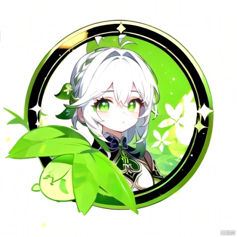  (logo,circle frame),(beautiful detailed eyes), green_eyes,+_+,white_and_green_hair,
white_background,nahida (genshin impact),