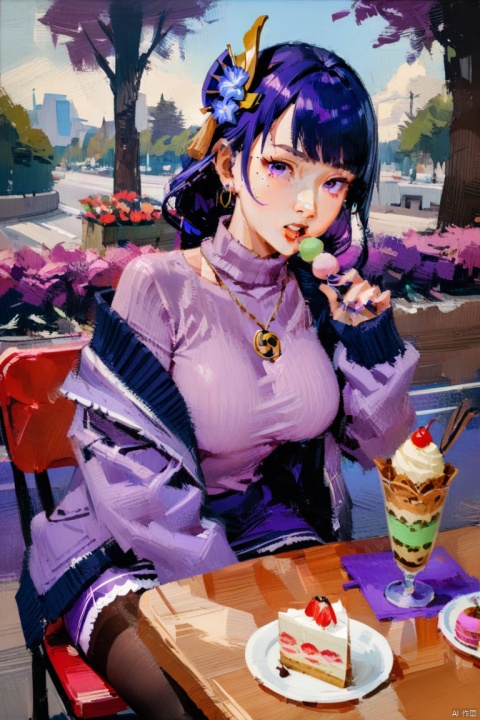 oil_painting, oil-painting-style,(masterpiece, best quality),
macaron, 1girl, food, wagashi, solo, raiden shogun, purple skirt, dango, sweater, purple eyes, braided ponytail, mole under eye, purple hair, skirt, pantyhose, ice cream, turtleneck, hair ornament, sitting, sanshoku dango, tomoe \(symbol\), breasts, jewelry, long hair, parfait, braid, looking at viewer, mitsudomoe \(shape\), sweets, holding, necklace, bangs, mole, ice cream cone, purple nails, earrings, purple jacket, long sleeves, open clothes, bag, turtleneck sweater, open jacket, off shoulder, black pantyhose, nail polish, jacket, outdoors, hair flower, day, cake, flower, large breasts, very long hair, alternate costume, ribbed sweater, table, dessert, chair, purple flower, sleeves past wrists, parted lips, open mouth, holding food, purple sweater, knees together feet apart, tree