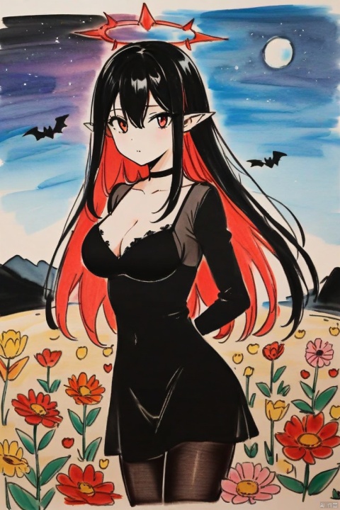  colored_pencil_drawing,high quality,colorful,solo,1girl,(straight hair,Black hair,long hair,colored inner hair,hair between eyes),red eyes,beautiful eyes,(Red Thorn Halo),Bat wings,pointy ears,large breasts,Thorax, cleavage, clavicle,black choker,black nightgown,jacket,black pantyhose,night, stars, on the beach,arms behind back ,night, stars,Starlight, Milky Way, Universe, Planet,Flower bed, black flowers, red flowers, white flowers
