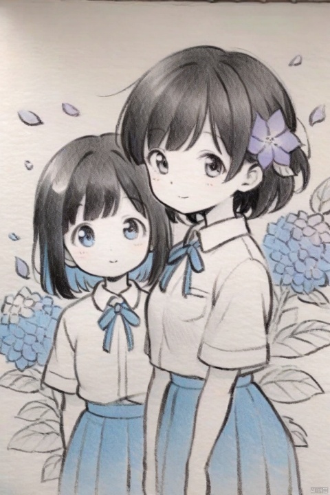 traditional media, monochrome, greyscale,masterpiece, best quality, flower, 2girls, short hair, multiple girls, shirt, blue eyes, blue hair, white shirt, blue flower, blue theme, ribbon, looking at viewer, hydrangea, white background, skirt, collared shirt, school uniform, closed mouth, blue ribbon, neck ribbon, blue skirt, bangs, hair flower, black hair, purple flower, petals, simple background, upper body, smile, pleated skirt, hair ornament