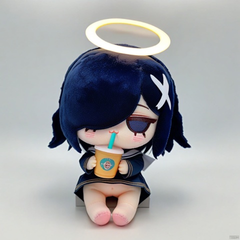 plush-doll-style, 1girl,solo,:3,{{mesugaki}},naughty face,medium hair,halo,{x hair ornament white},[[hollow eyes]],dark blue eyes,dark blue hair,{hair over one eye},[perfect oval iris],long sleeves,long sailor collar,bottomless,, chibi, virtual_youtuber, drinking_straw, closed_eyes, cup, white_background, simple_background, drinking, holding, holding_cup,