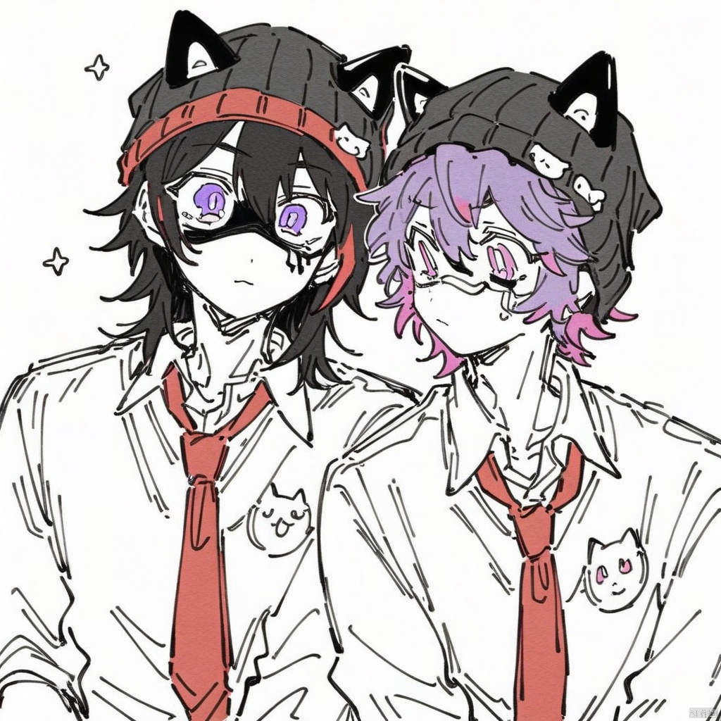  (line-drawing-style),(masterpiece,best quality),(BOY, male, pretty male), boy with messy black hair, purple eyes with red pupils, white school button up, loose red tie, (colored sketchy style),
, lovesick boy, eyebags, (Cute beanie with fake cat ears)