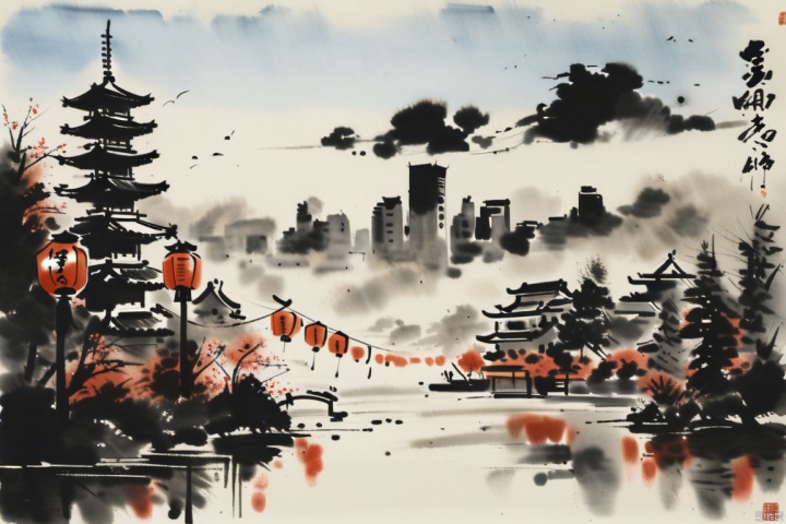  Red Lantern , outdoors, sky, day, cloud, tree, blue sky, no humans, building, scenery, city, skyscraper, (ink-style,ink_wash_painting)