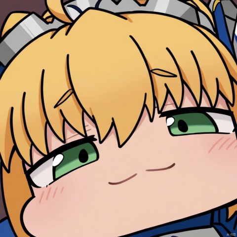 close-up, chibi, smug, (masterpiece),(best quality),1girl, artoria pendragon \(fate\), solo, saber, blonde hair, weapon, holding sword, armor, ahoge, green eyes, dress, armored dress, gauntlets, excalibur \(fate/stay night\)