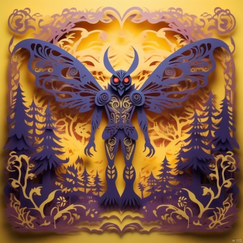 paper-cut of a mothman with ominous presence in an vibrant colored enchanted wonderland, magical, whimsical, fantasy art concept, steampunk, intricate details, best quality, masterpiece, ultra sharp, yellow theme background, 