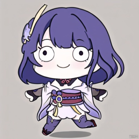 chibi,chibi style, style-parody, 1girl, long hair, raiden shogun, solo, bangs, japanese clothes, sidelocks, simple background, braid, smile, hair ornament, chibi, single braid, purple hair, parody, sash, obi, wide sleeves, spread arms, low ponytail, blunt bangs, long sleeves, outstretched arms, kimono, braided ponytail, thighhighs, full body, looking at viewer, standing on one leg, armor, mole, mole under eye, white background, c:, bridal gauntlets