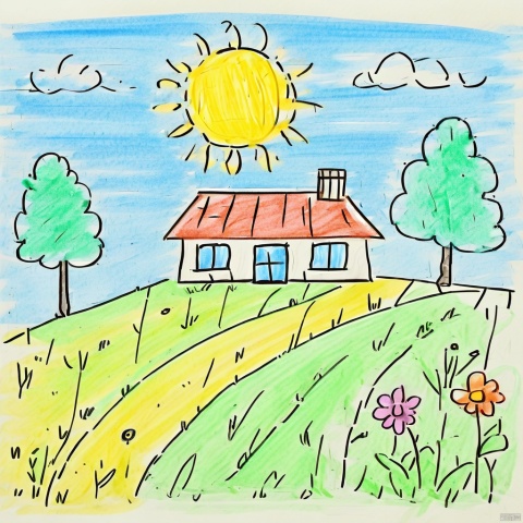 masterpiece, best quality, colored-pencil-style, colored_pencil_drawing, no humans, grass, water, flower, tree, sky, sun, outdoors, house, cloud, scenery, window, building, \(\(\(medium\)\)\), plant, bush, blue sky, sunset