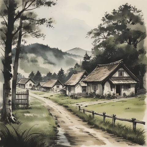  (ink-style,ink_wash_painting), (masterpiece),(best quality), charming country house, blue siding, situated, side, road, surrounded, lush green grass, trees, background, creating, idyllic countryside setting, small fence, seen near, rustic charm, main house, two smaller houses visible, further down, road, one closer, left edge, scene, another towards, right, homes contribute, overall picturesque landscape, rural area