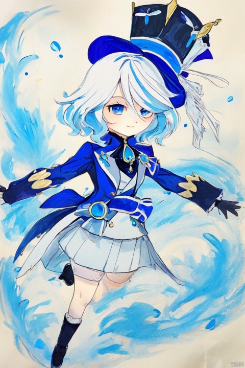  children-drawing,colorful drawing, furina,hand-drawn picture,1girl,solo, blue headwear, looking at viewer, full body, long sleeves, blue jacket, tearing up, white gloves, top hat, ascot, short hair, white shirt, flying sweatdrops, brooch, black gloves,