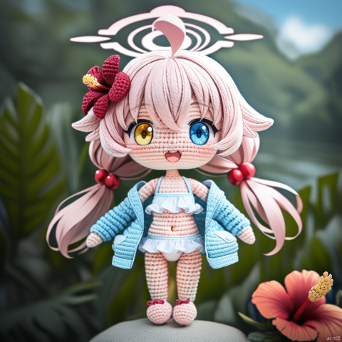 amigurumi-style, amigurumi,full_body,(masterpiece),(best quality),solo, red flower, 1girl, hoshino (blue archive), flower, blue jacket, hoshino (swimsuit) (blue archive), hair ornament, white bikini, frilled bikini, heterochromia, swimsuit, twintails, long hair, ahoge, yellow eyes, bikini, navel, halo, blush, looking at viewer, jacket, frills, low twintails, blue eyes, open mouth, pink hair, collarbone, hair between eyes, hair bobbles, outdoors, long sleeves, hair flower, official alternate costume, hibiscus, open clothes, blurry