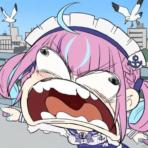chibi, parody, open mouth, teeth,(masterpiece),(best quality),1girl, solo, virtual youtuber, multicolored hair, minato aqua, long hair, skirt, braid, looking at viewer, twin braids, bird, bangs, blue hair, outdoors, pantyhose, long sleeves, purple eyes, hat, pink hair, blue skirt, twintails, ahoge, two-tone hair, blush, bow, sailor collar, shirt, hairband, white jacket, pleated skirt, jacket, railing, white pantyhose, breasts, ribbon, white shirt, blue sky, day, streaked hair, open mouth, frills, blue sailor collar, sky, seagull, high-waist skirt, choker, blue bow, red flower, open clothes, standing, colored inner hair, hand up, bowtie, open jacket, collarbone, anchor symbol, cityscape, smile, blue nails