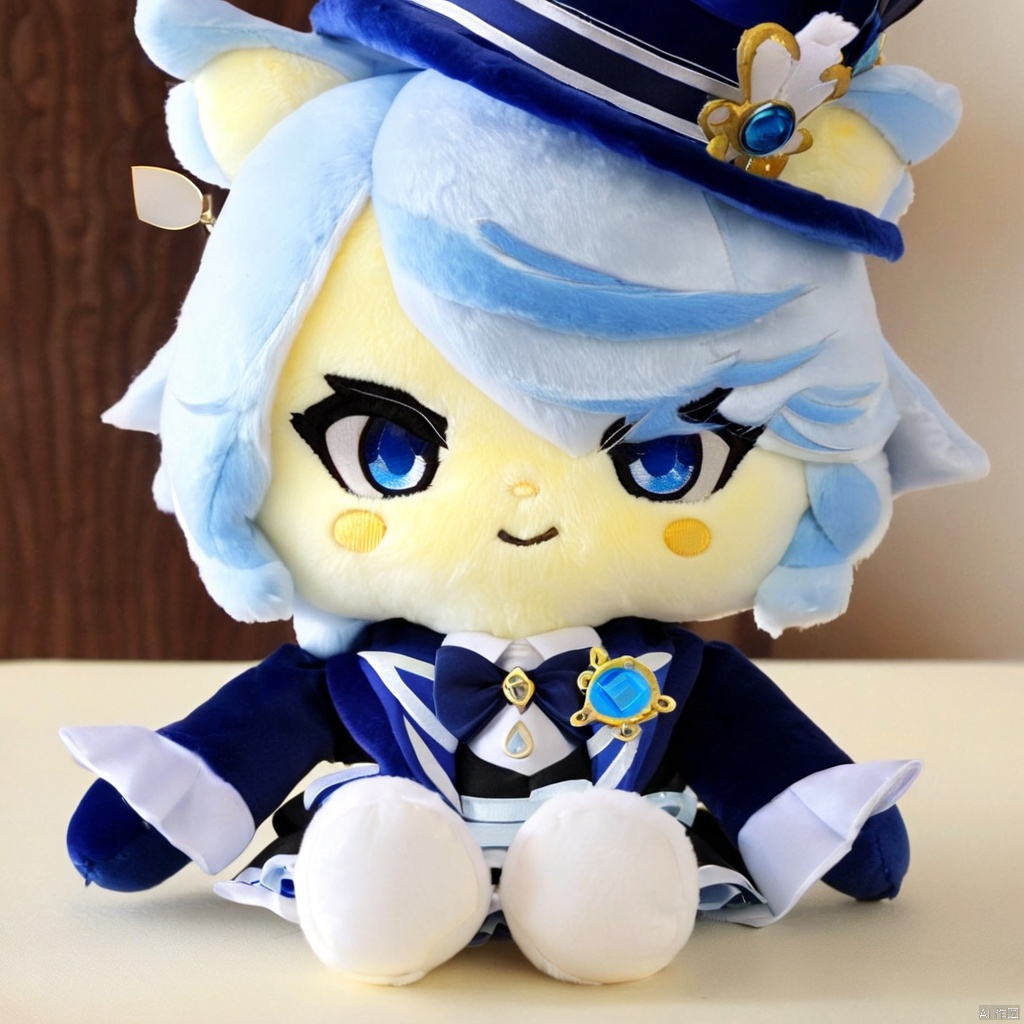  stuffed-toy, furina,1girl,solo, blue headwear, looking at viewer, sitting, long sleeves, blue jacket, tearing up, white gloves, top hat, ascot, short hair, white shirt, flying sweatdrops, brooch, black gloves,
