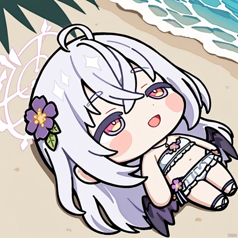 lying-on-back, chibi,(masterpiece),(best quality),1girl, solo, hair ornament, azusa (blue archive), swimsuit, hair flower, bikini, long hair, flower, necklace, jewelry, frilled bikini, looking at viewer, frills, hair between eyes, blush, open mouth, purple eyes, smile, wings, halo, bow, bead necklace, strapless, beads, ahoge, bare shoulders, strapless bikini, outdoors, purple flower, official alternate costume, knees up, crossed bangs, white hair