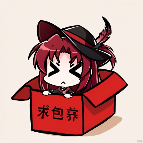  1girl, solo,red hair, black hat, hat feather, red scarf, black jacket, dog_tags,
,chibi, in-box, > <,