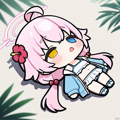 lying-on-back, chibi, full body, (masterpiece),(best quality),solo, red flower, 1girl, hoshino (blue archive), flower, blue jacket, hoshino (swimsuit) (blue archive), hair ornament, white bikini, frilled bikini, heterochromia, swimsuit, twintails, long hair, ahoge, yellow eyes, bikini, navel, halo, blush, looking at viewer, jacket, frills, low twintails, blue eyes, open mouth, pink hair, collarbone, hair between eyes, hair bobbles, outdoors, long sleeves, hair flower, official alternate costume, hibiscus, open clothes, blurry